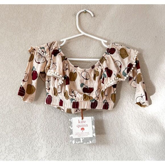 NWT! Kate Quinn Apples Print Long Sleeve Ruffle Crop Top, Size 6-12M - Picture 3 of 4